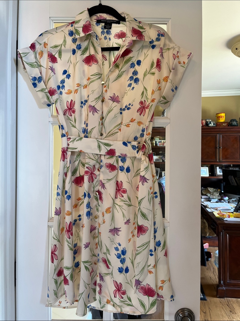 French Connection Cream Floral Midi Shirt Dress with Multicolor Blooms